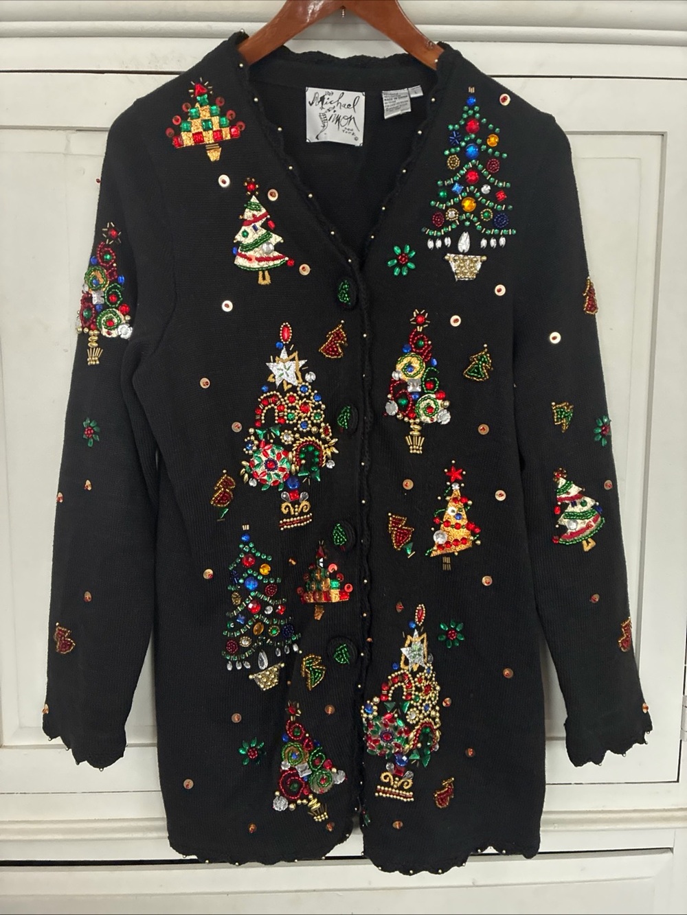Michael Simon Black Embellished Beaded Christmas Holiday Cardigan Large